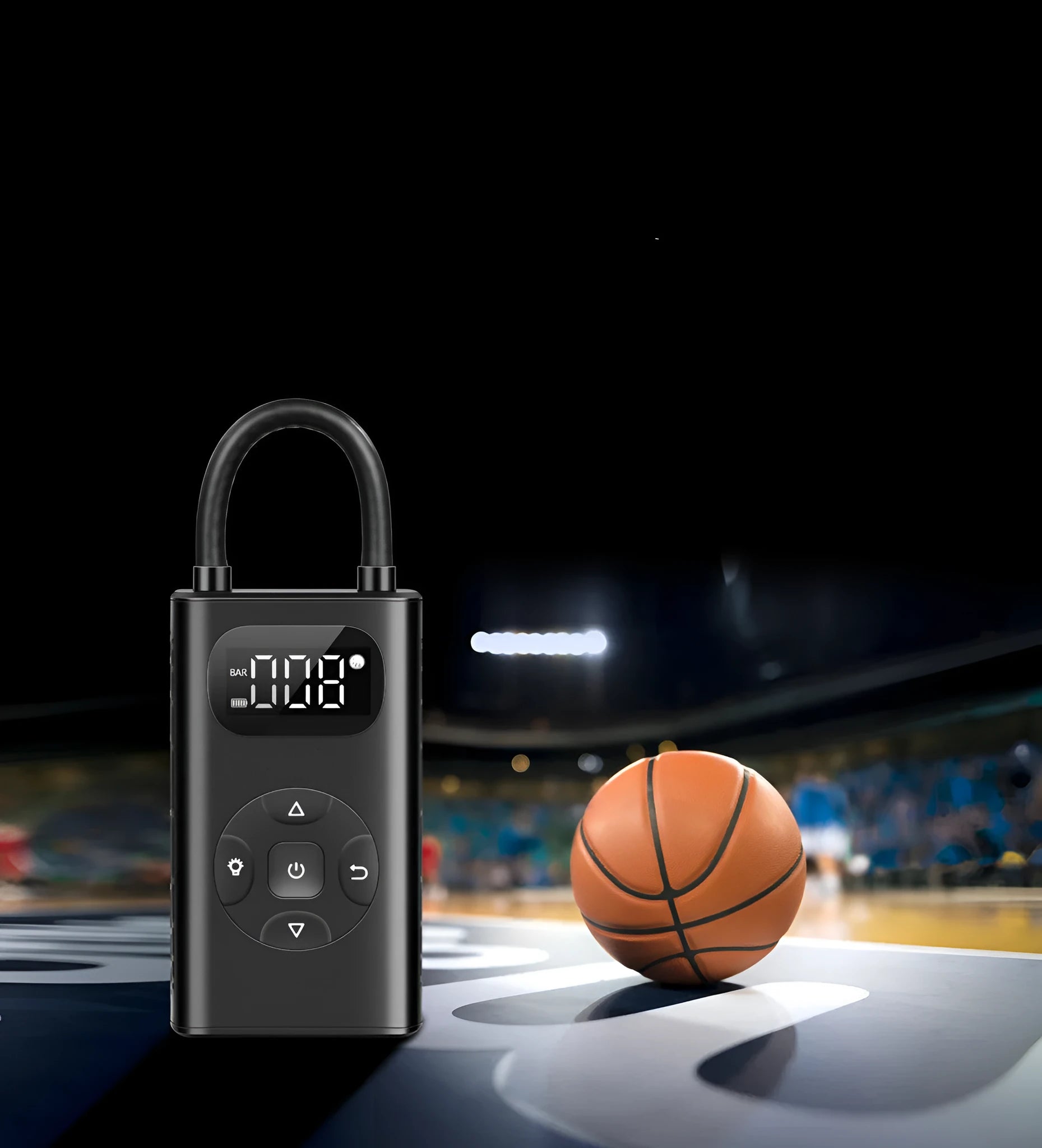 Black M09X digital portable tyre inflator with display, USB port, and 16 cm tube on a grey background.