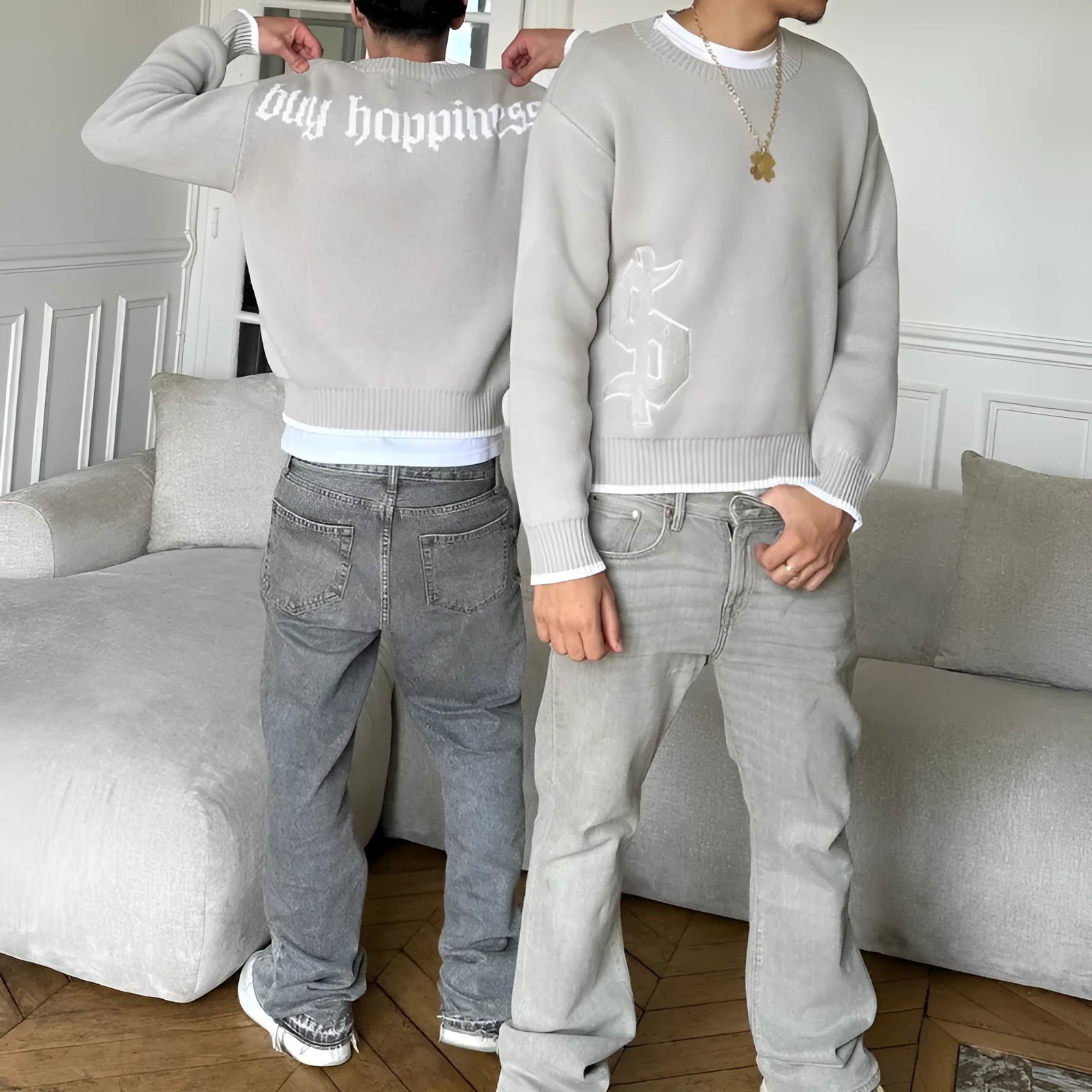 Grey jacquard knitwear coat loose-fitting pullover style with textured weave pattern
