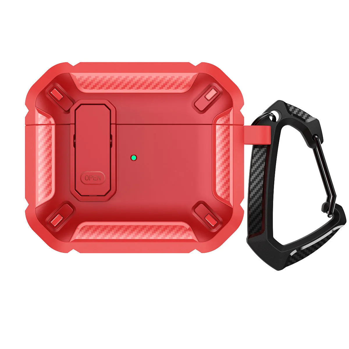 Two-tone clamshell protective case for Apple AirPods with a metal hook attached.