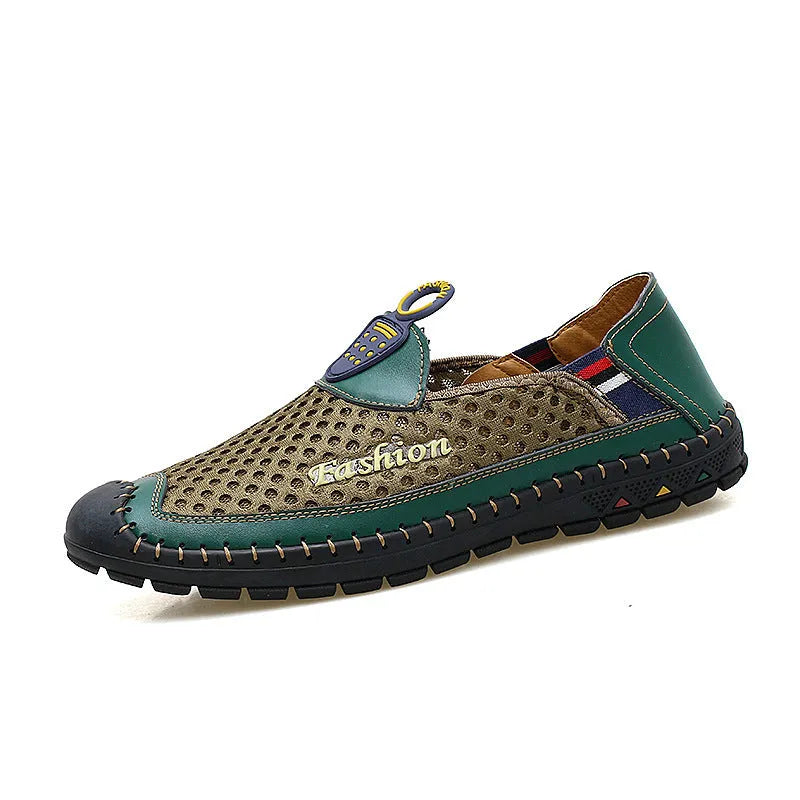 Men's brown breathable mesh casual shoes with round toe and rubber sole on a white background.