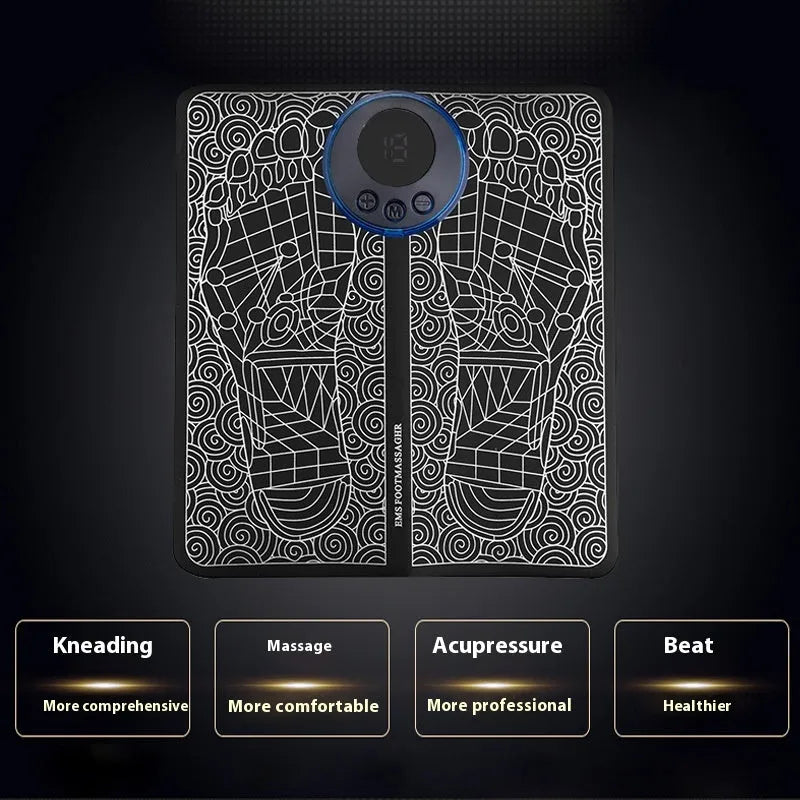 Leather foot massage cushion with LCD screen and wireless remote control on a floor