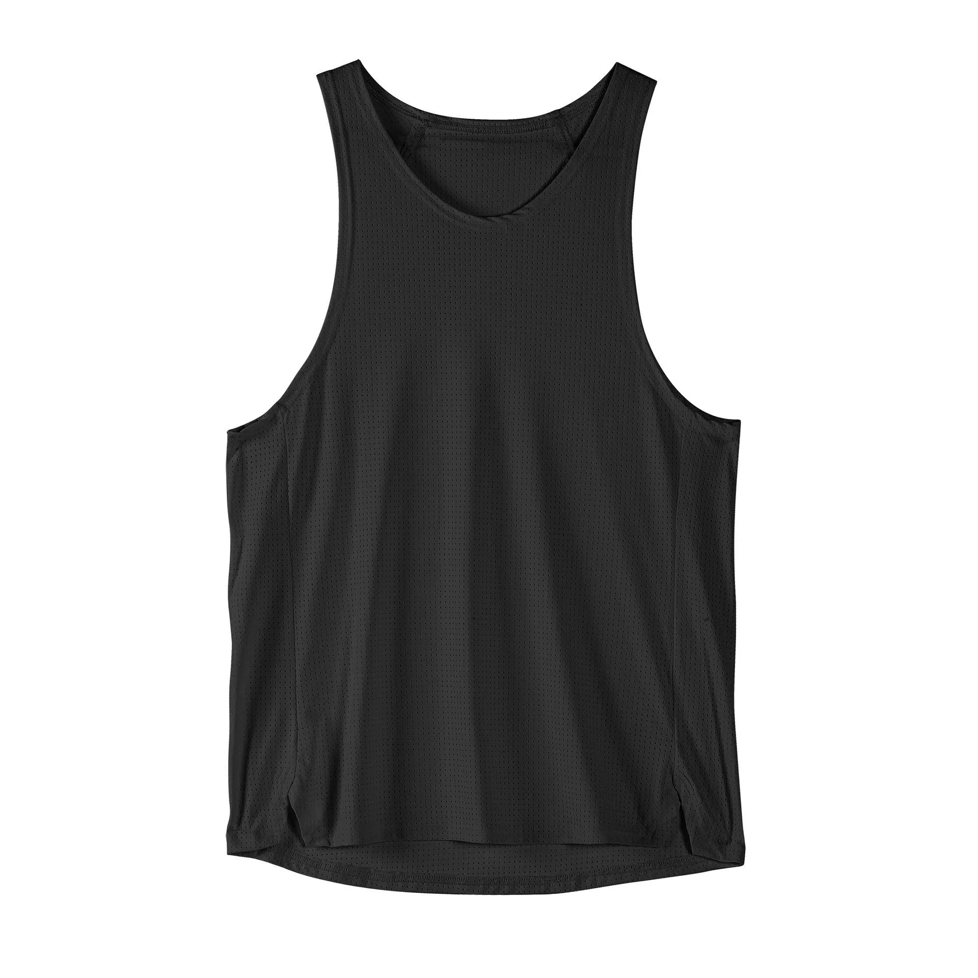 Men's black sleeveless nylon vest with stretch fabric on size chart