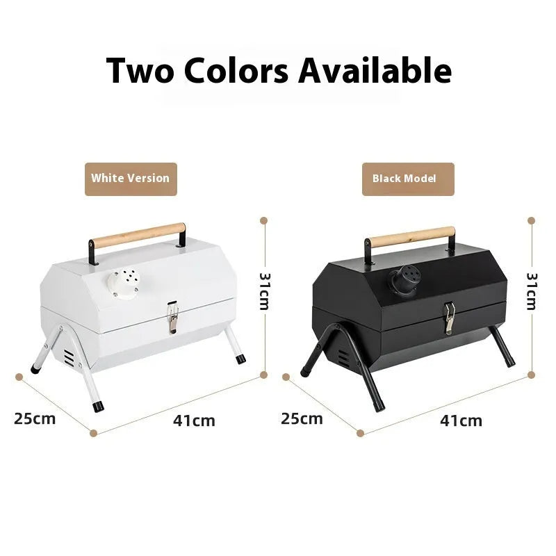 White portable folding barbecue grill with round chimney oven and cooking accessories
