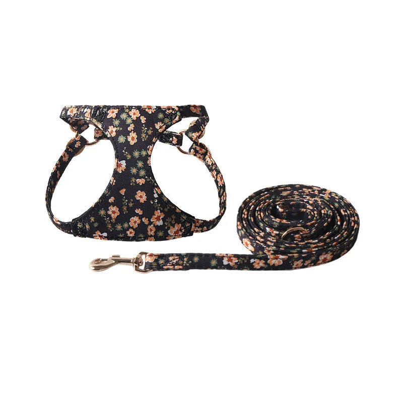Cloth dog harness and leash set shown in an orange colour, with size options for small to medium dogs.