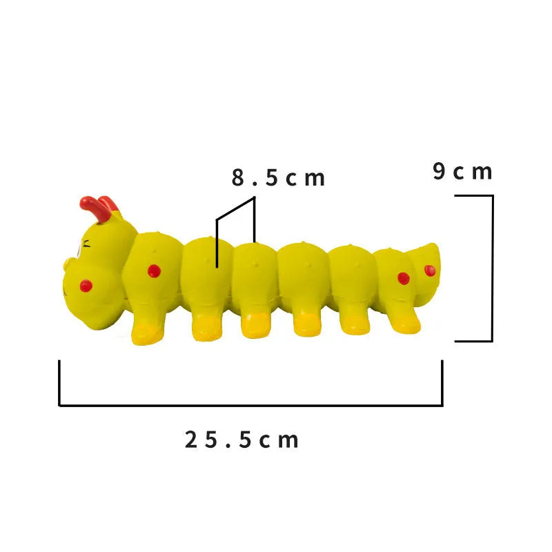 Yellow rubber caterpillar squeaky chew toy for small dogs, 25.5 cm long.