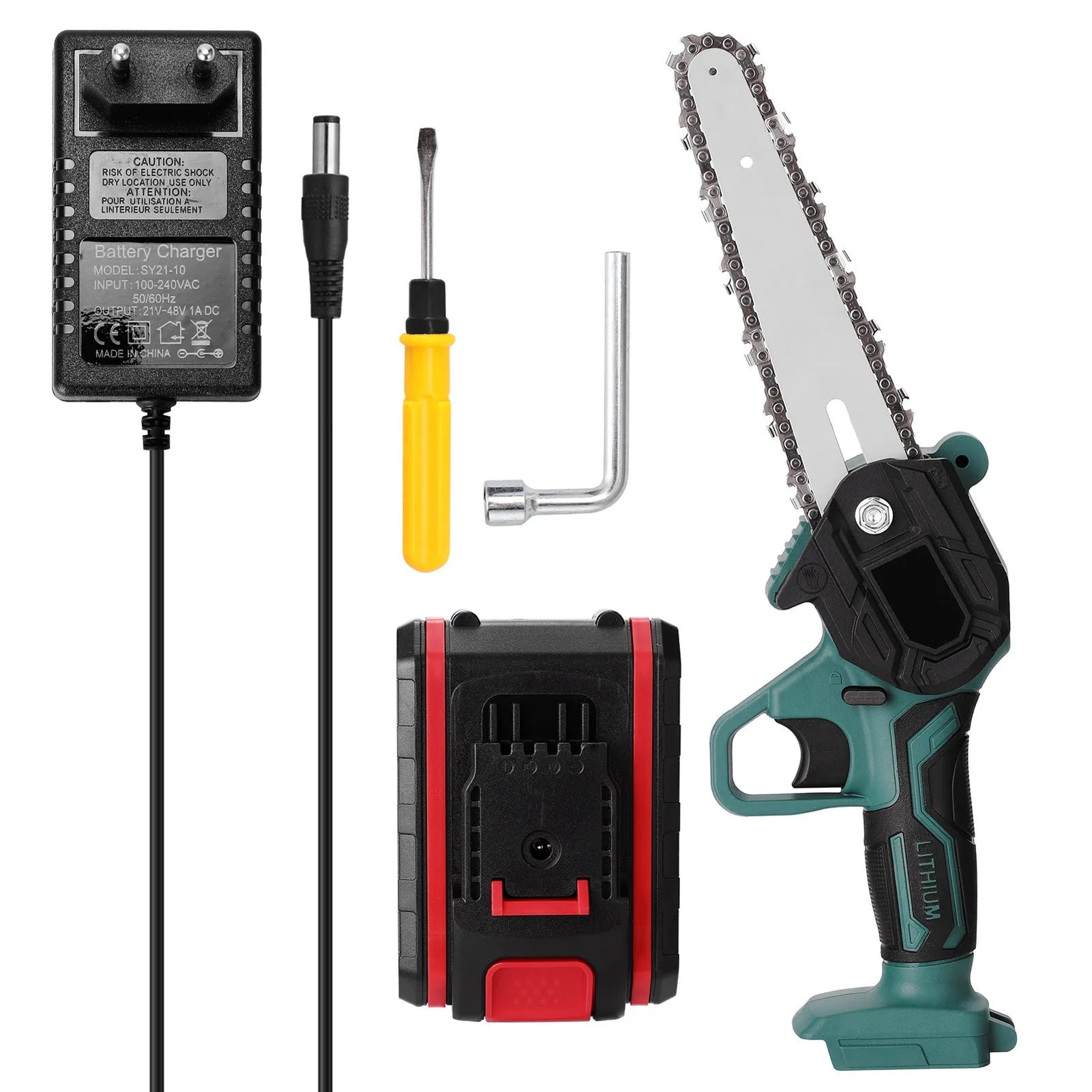 Black mini electric chainsaw with green accents, showing compact one-hand design and 4-inch cutting bar