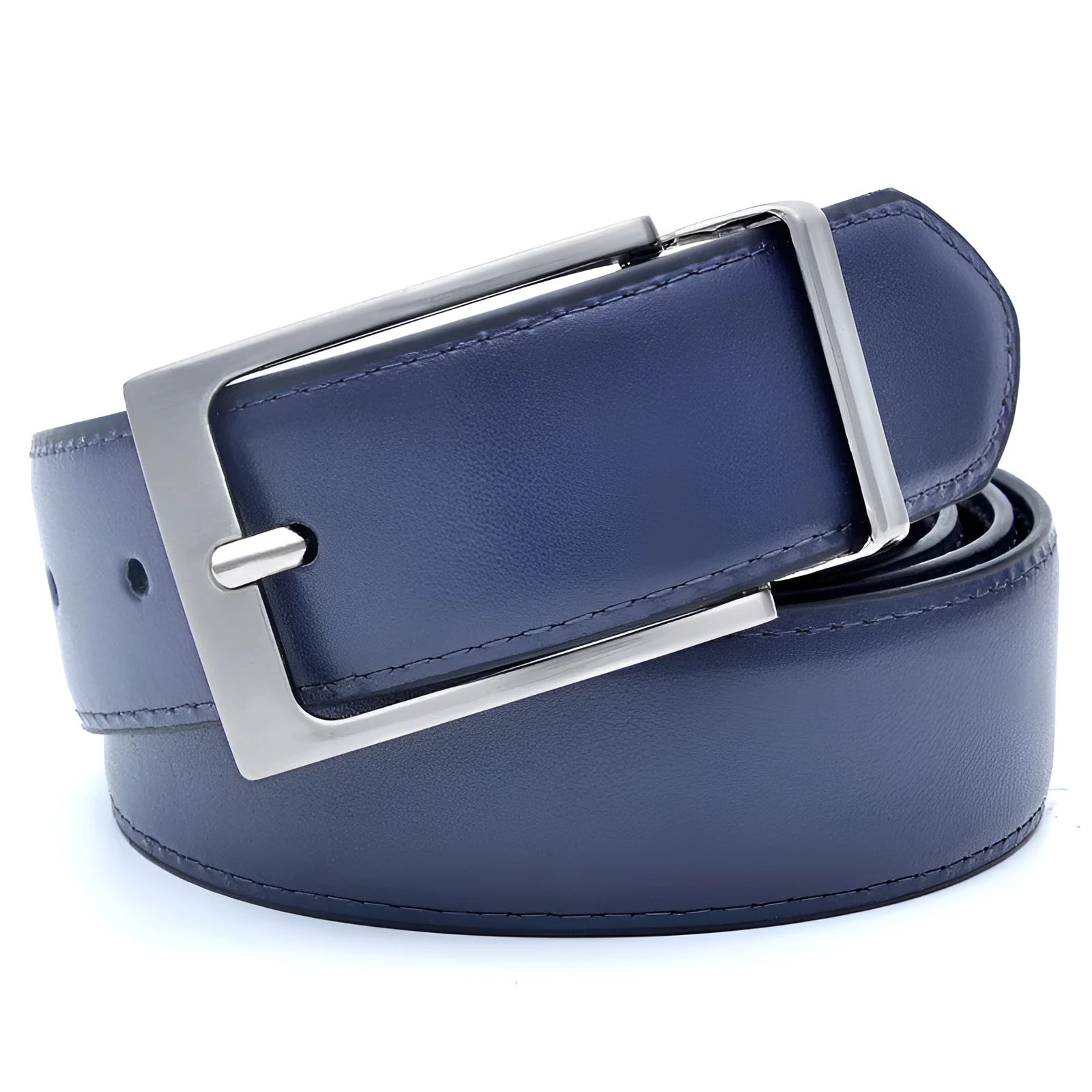 Men's brown and black genuine leather belt with a silver rotating pin buckle, shown on a flat surface.