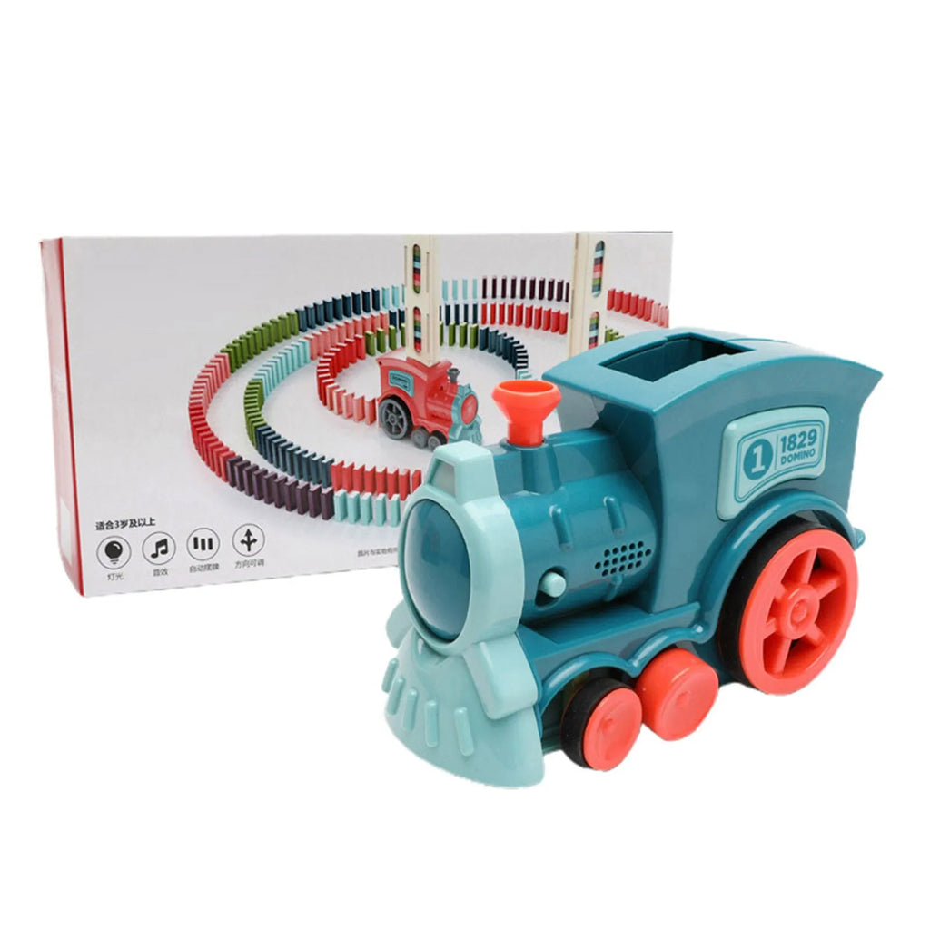 Domino train toy with 100 plastic dominoes in random colours, including toy train and card storage box