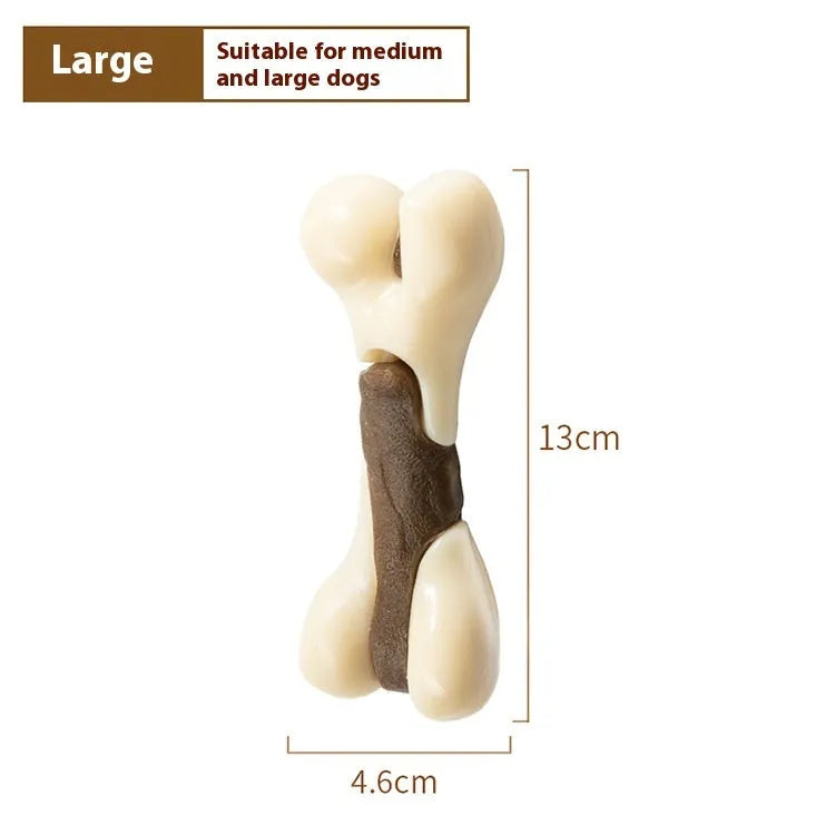 Durable dog bone grinding chew toy made from brown cowhide and nylon in small and large sizes.