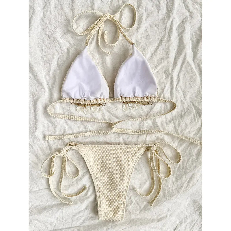 Halter lace-up bikini in Milky White for women swimming, polyester fibre fabric, includes bra and briefs