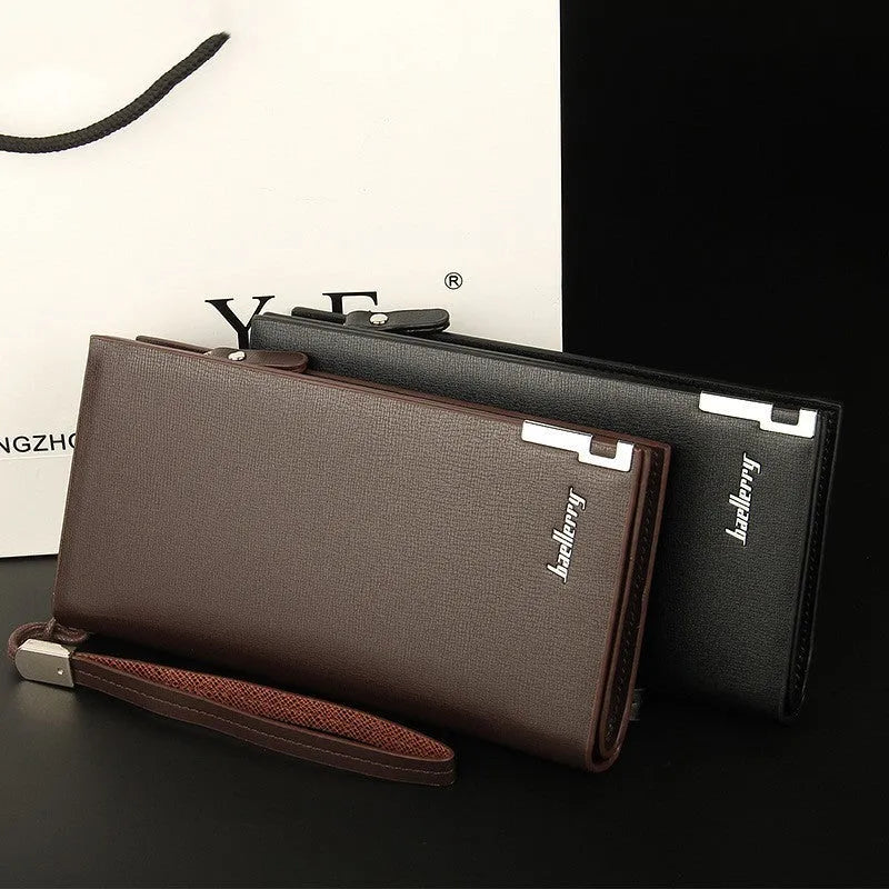 Men's long black PU leather wallet with full-length zipper closure showing seven card slots