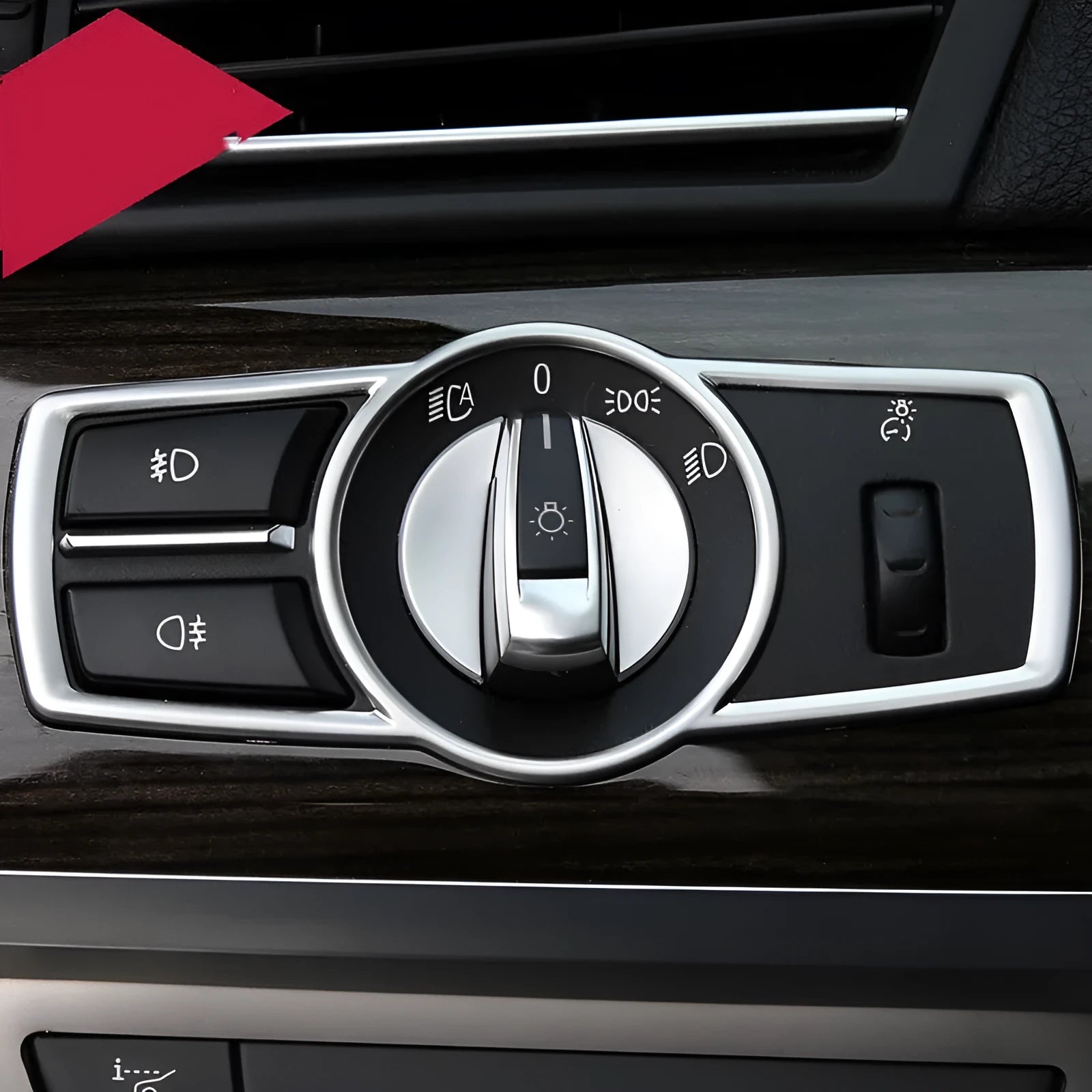 Silver ABS plastic decorative sticker for BMW headlight switch frame interior trim.