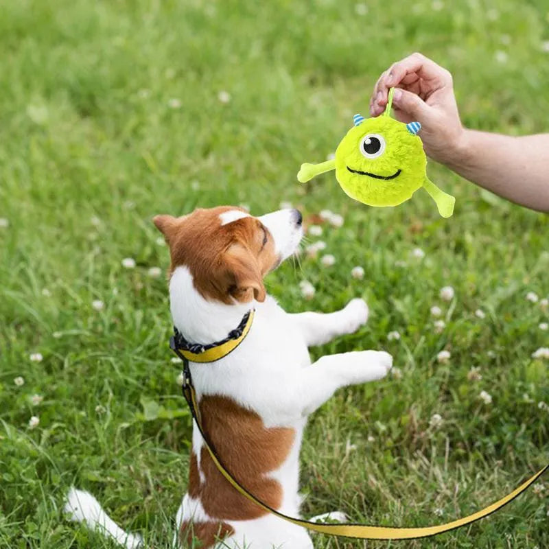 Green plush dog teething toy ball with sound activation feature, 12cm diameter