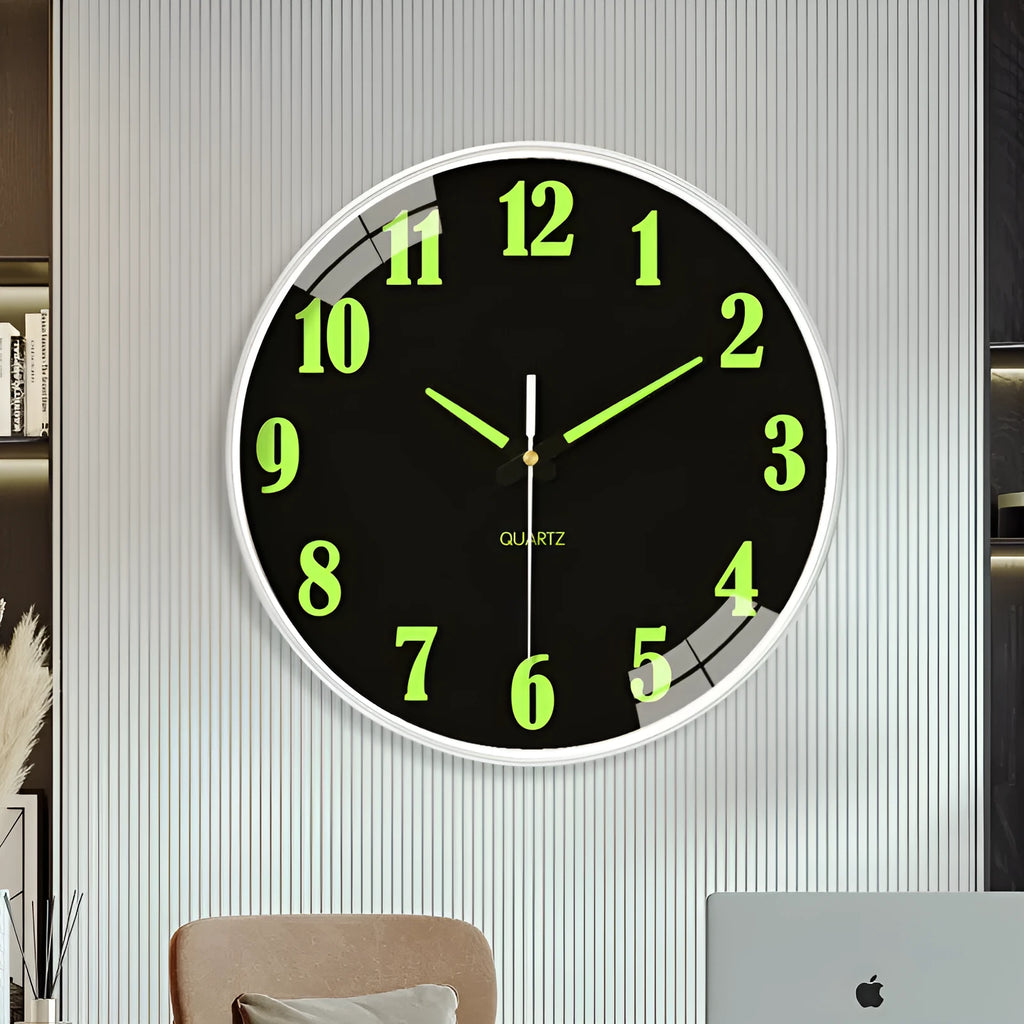 20cm round modern wall clock with luminous dial and black Arabic numerals on white face