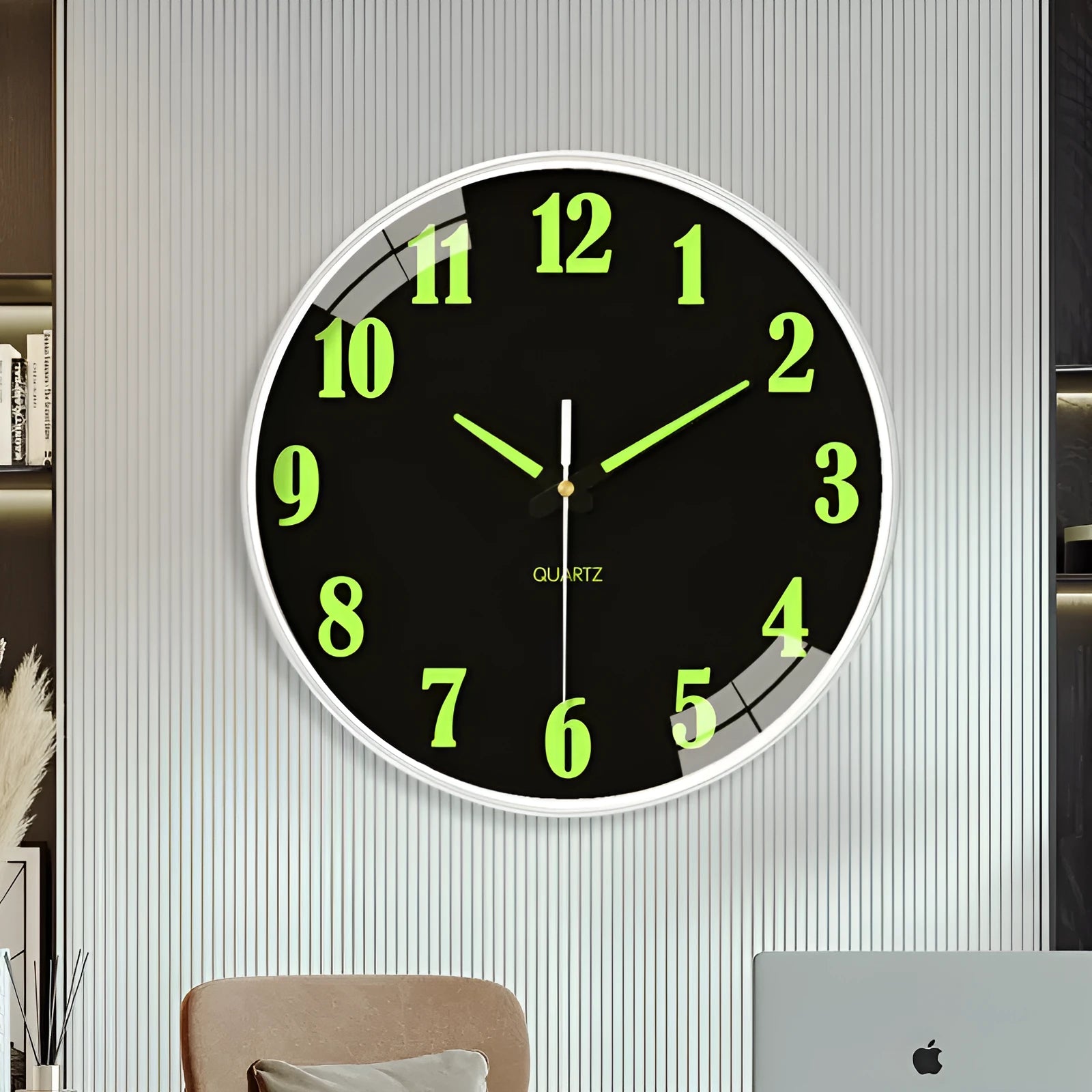20cm round modern wall clock with luminous dial and black Arabic numerals on white face