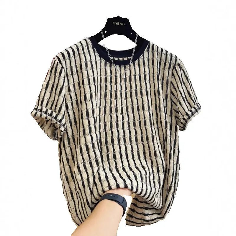 Black striped men's casual short sleeve top with loose fit and silk-linen fabric blend