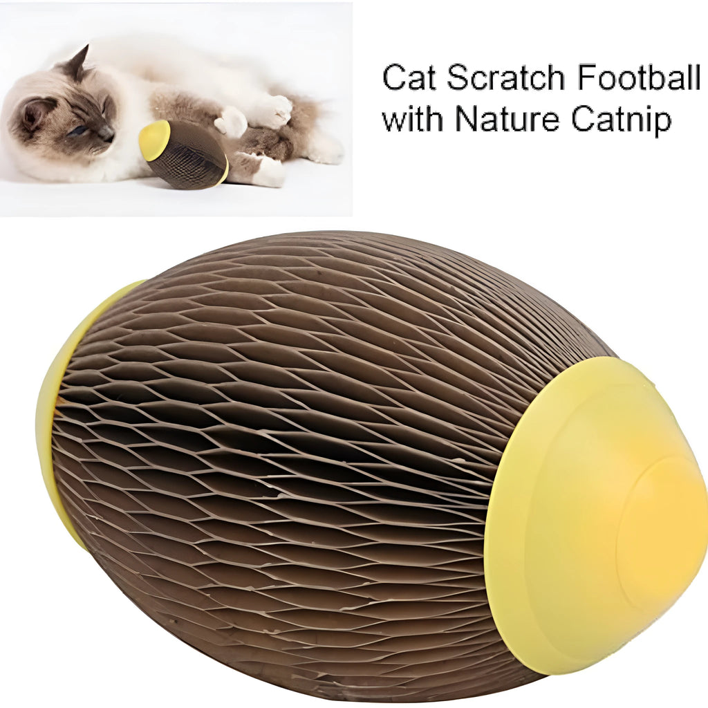 Elliptical corrugated paper catnip football toy with textured scratch surface