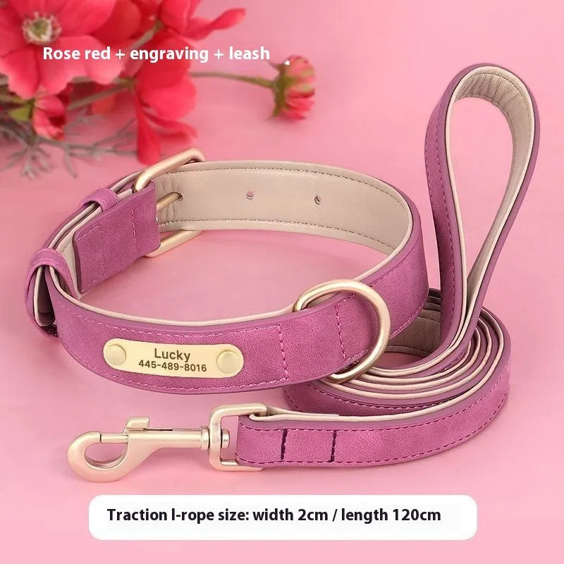 Double-layer leather dog collar and lead set in rose red, brown, or blue for small to extra-large dogs