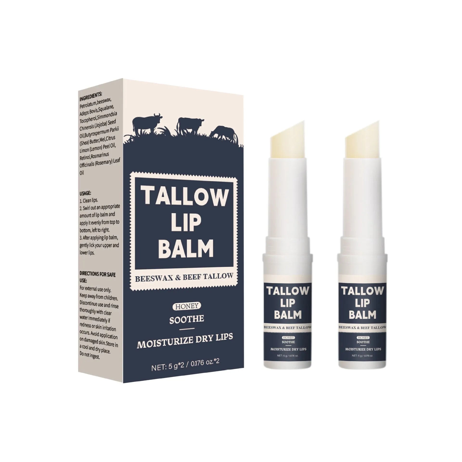 Two beef fat lip balms in standard lipstick format for moisturising dry lips
