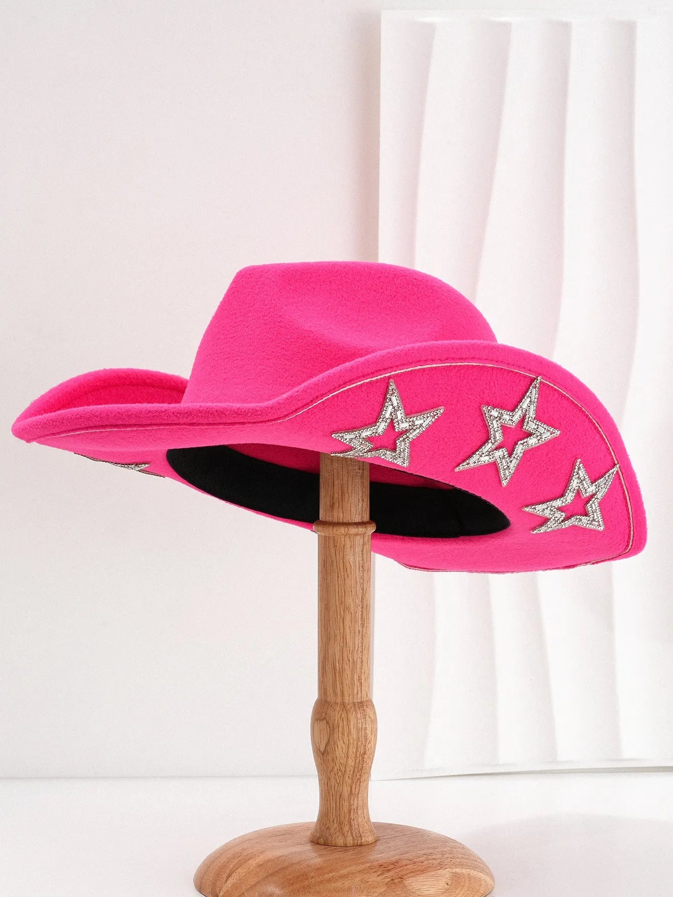 Polyester woven western cowboy hat with conical crown in beige colour with hexagonal star details