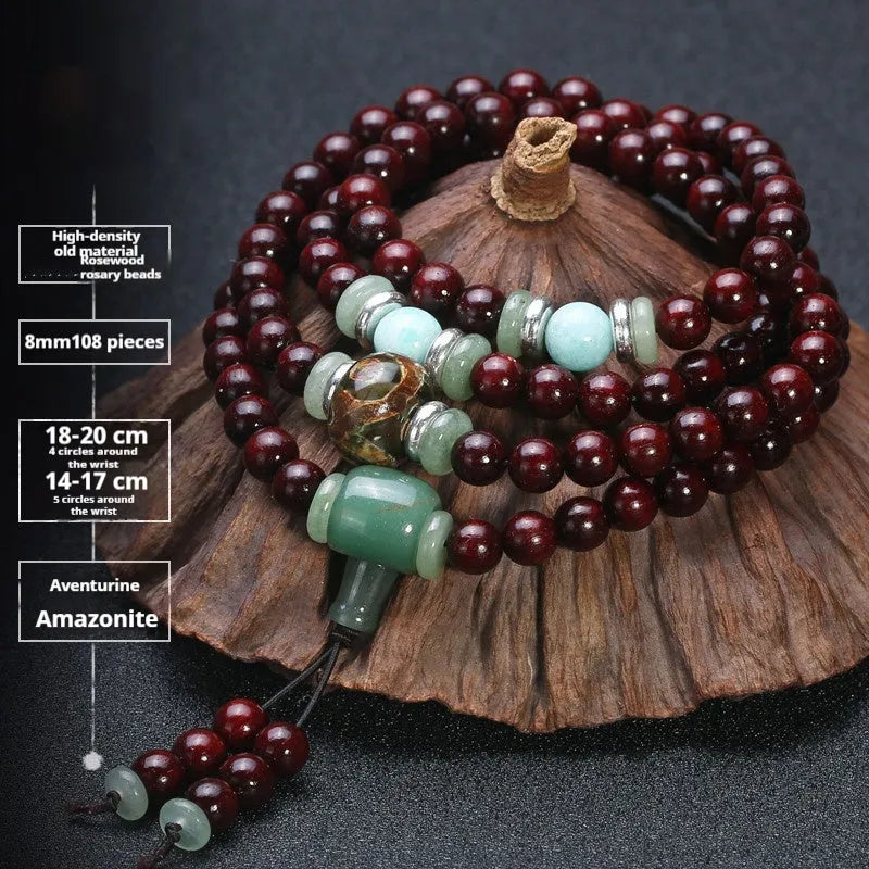 Men's rosewood bead bracelet with 108 beads, shown in a choice of lapis lazuli, turquoise, or red agate styles.