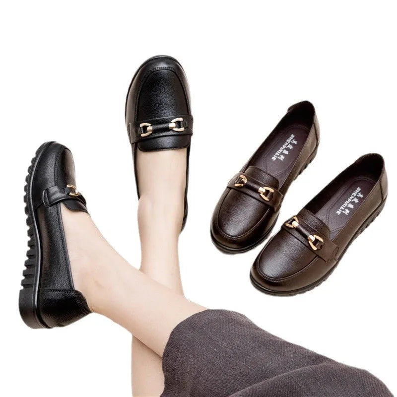 Black women's pumps with soft leather upper, low heel, and round toe casual shoes