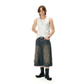 Men's black denim shorts with flame embroidery patches showing straight-leg cropped design