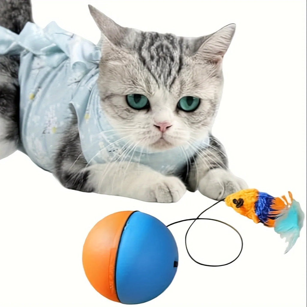 Grey and orange interactive cat toy ball with a soft plush mouse attachment for feline exercise.