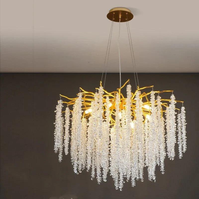 Light luxury crystal chandelier with aluminium alloy body and adjustable height for living room