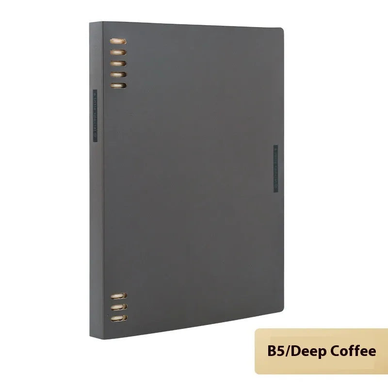 Loose-leaf spiral notebook with PP cover open, showing raw wood pulp pages in A5 or B5 size.