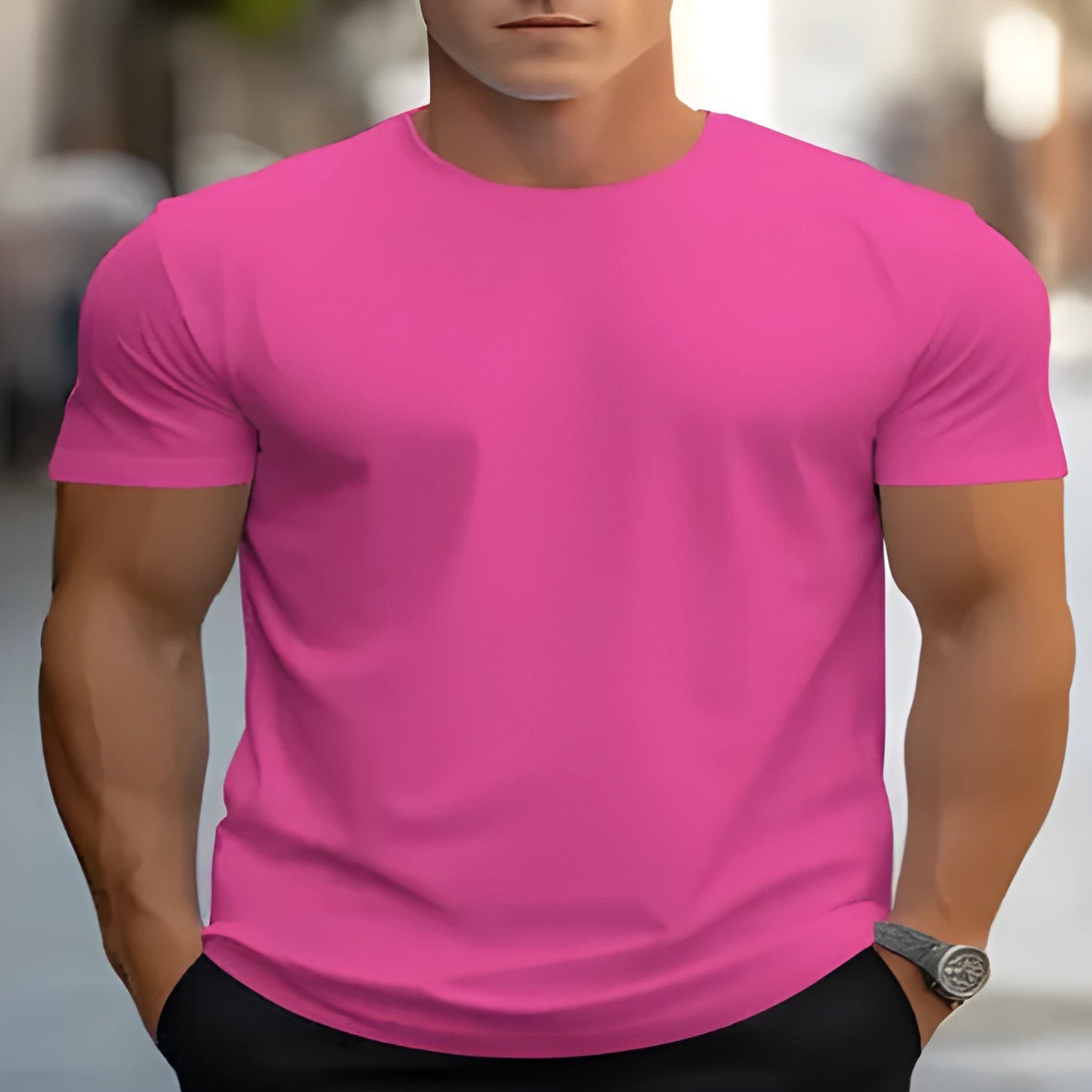 Men's loose fit printed T-shirt in polyester bird eye cloth showing round neck and short sleeve design