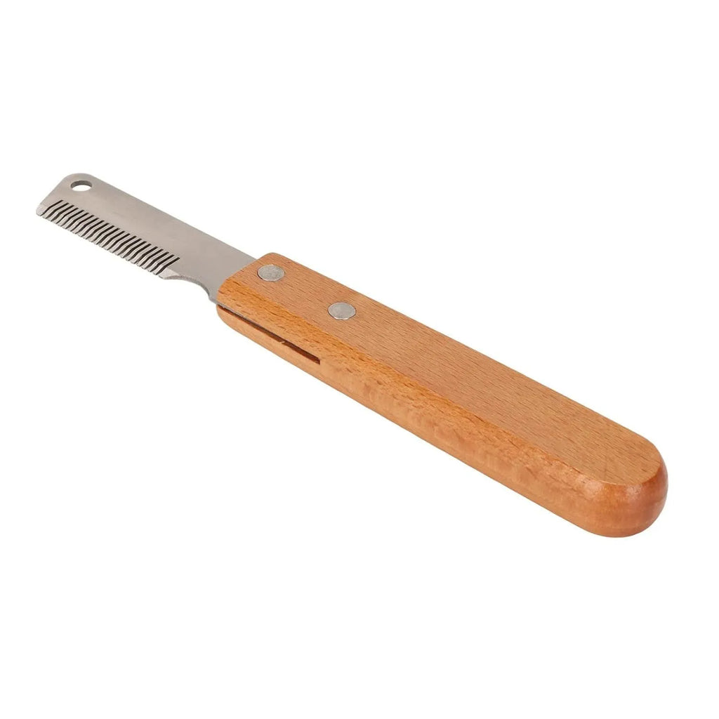 Pet stripping comb with wood handle showing long and short size options for dog and cat grooming