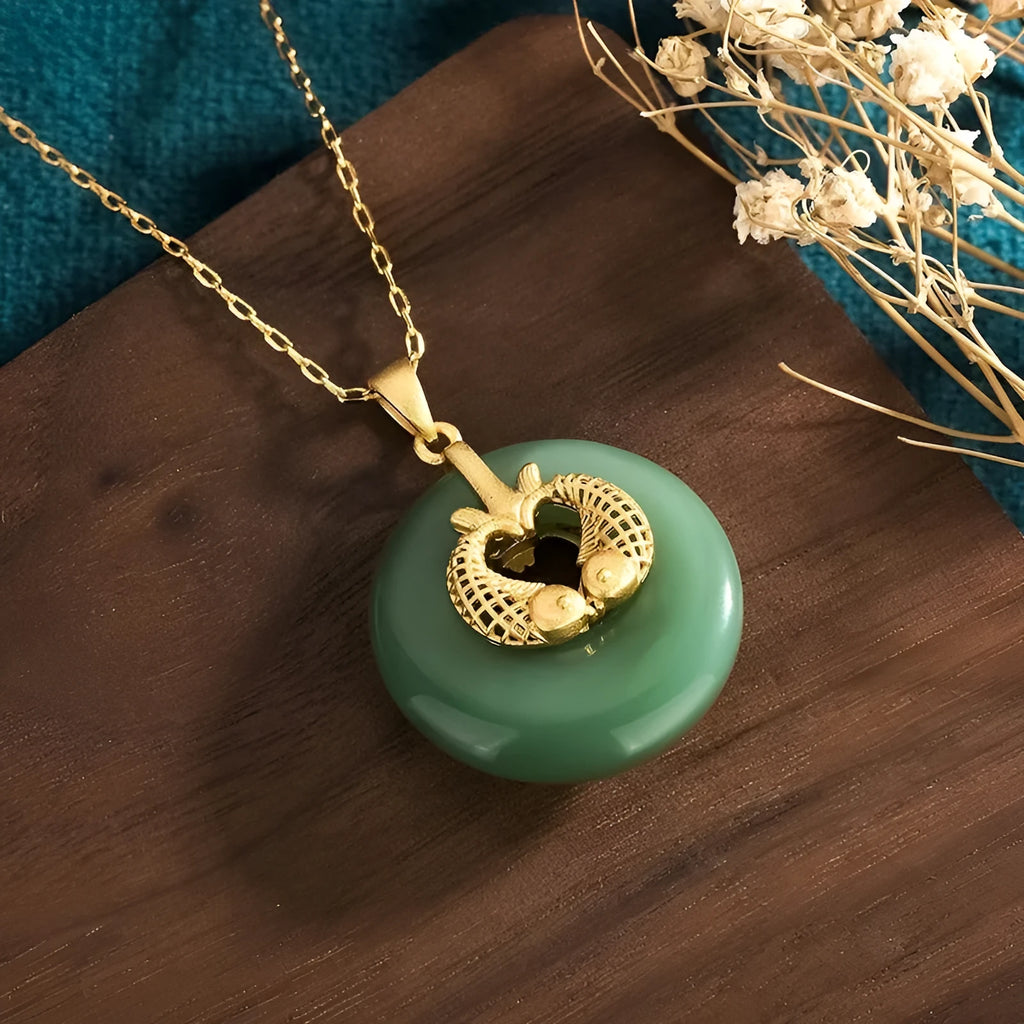 Gold koi necklace with artificial gemstone inlay on adjustable chain, CP571 Green colour, Chinese style