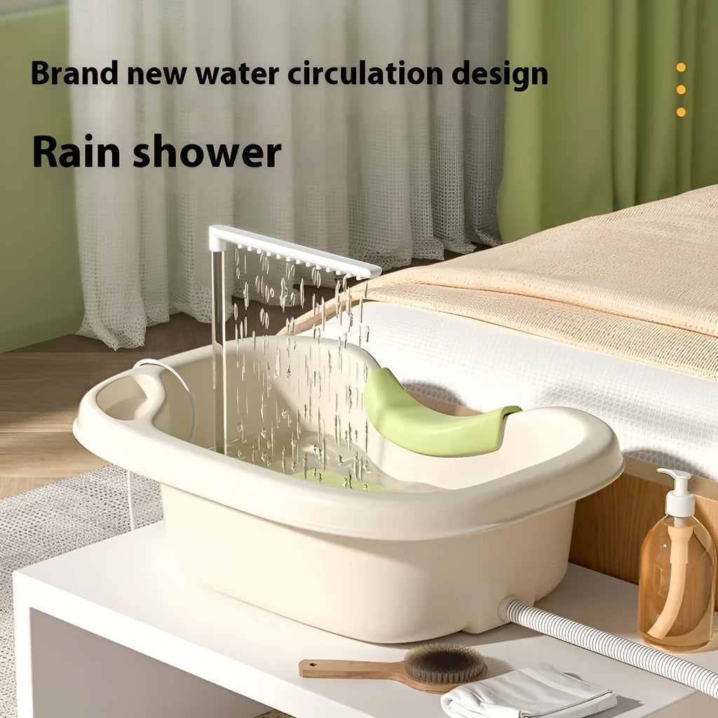 Portable plastic shampoo basin set with head pillow, water pump, hose, bailer, and brush for washing hair in bed