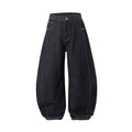 Men's wide leg denim trousers in original cow colour, showing relaxed fit and mid waist design