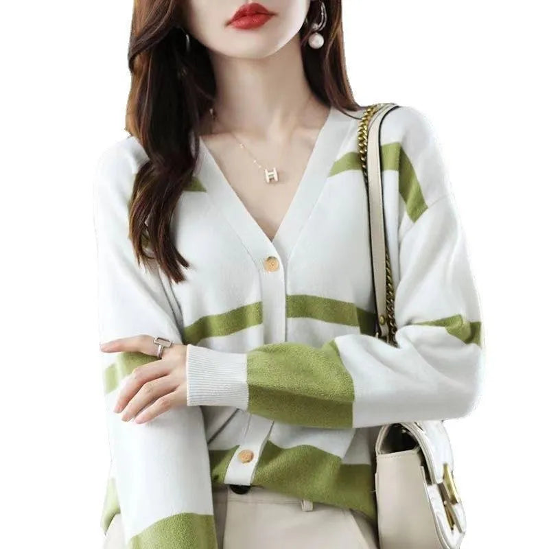 Women's striped knitted cardigan with 3D pattern texture and V-neck
