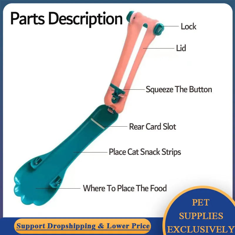 Green and pink pet food squeezer scoop dispensing a treat for a cat or dog.