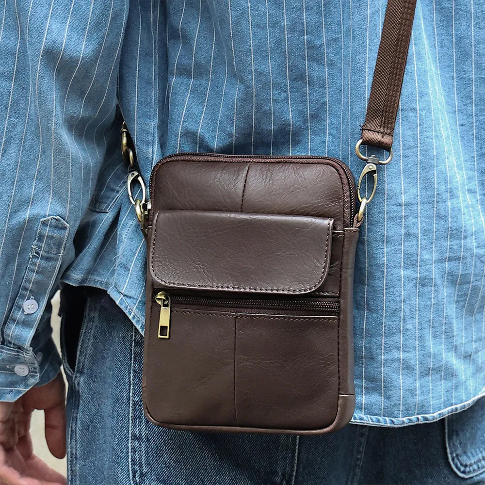 Men's brown genuine leather crossbody shoulder bag with visible stitching details