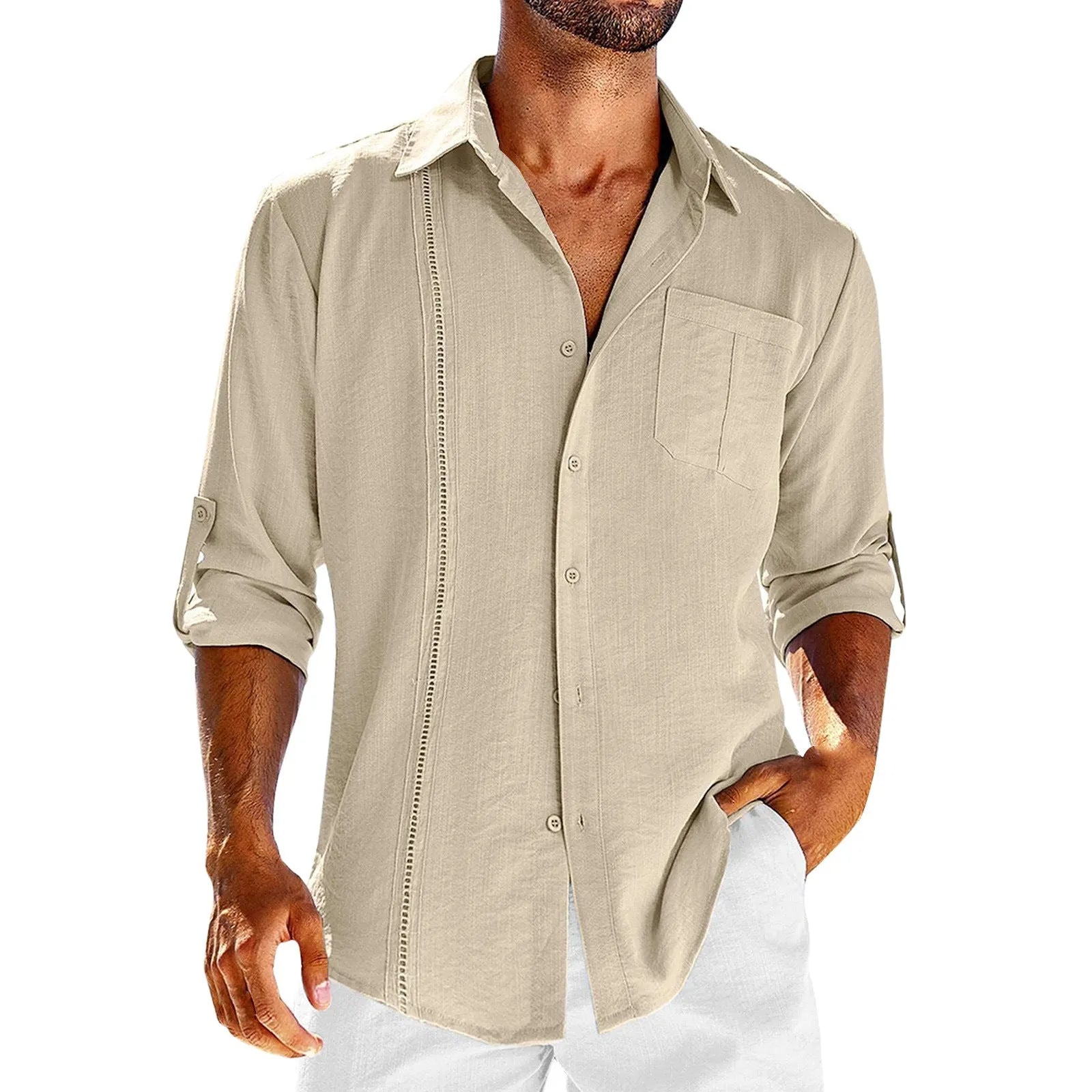 Men's grey long sleeve casual shirt with lace detail on polo collar and a chest pocket.