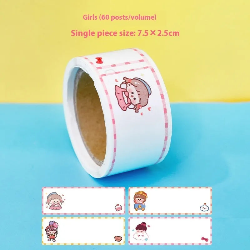 Roll of colourful cartoon name tape stickers showing Dinosaur, Astronaut, Rabbit, and Girl design options.