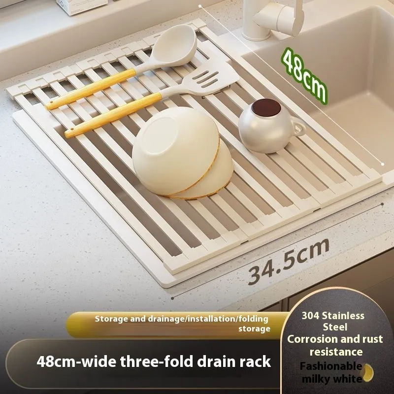 304 stainless steel kitchen draining rack with milky white finish and tri-fold design