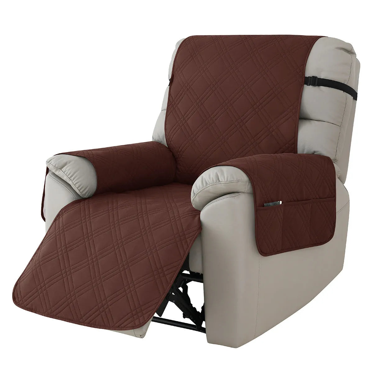 Quilted waterproof sofa cover on a Chivas massage chair in peacock blue colour.