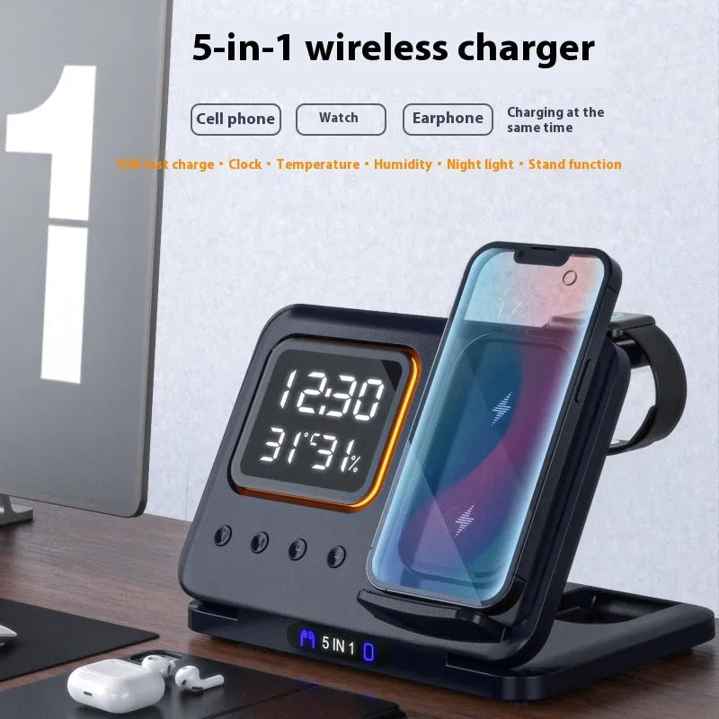 Black and white wireless charging station with LED digital display showing time temperature humidity