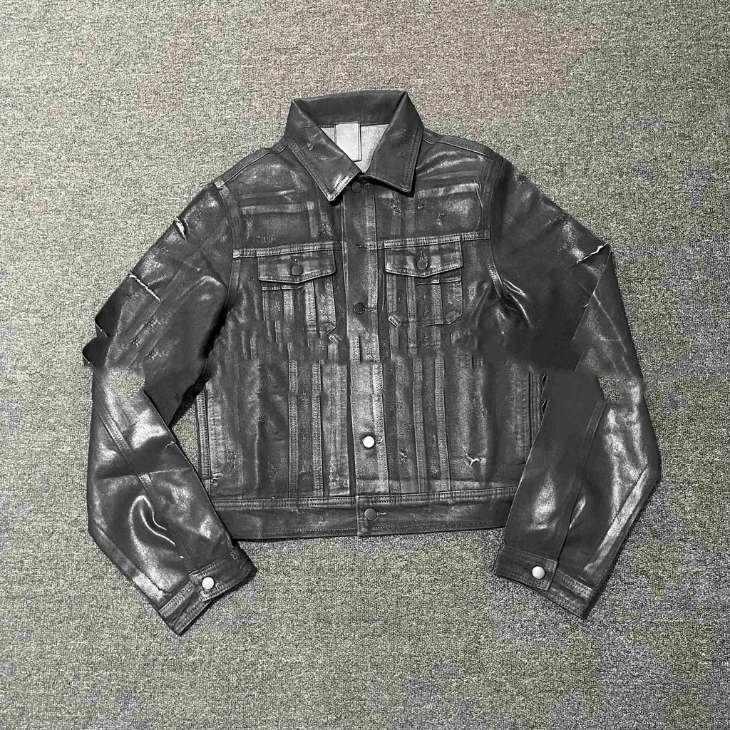 Denim Coat Archive short slim jacket in black with lapel collar and long sleeves