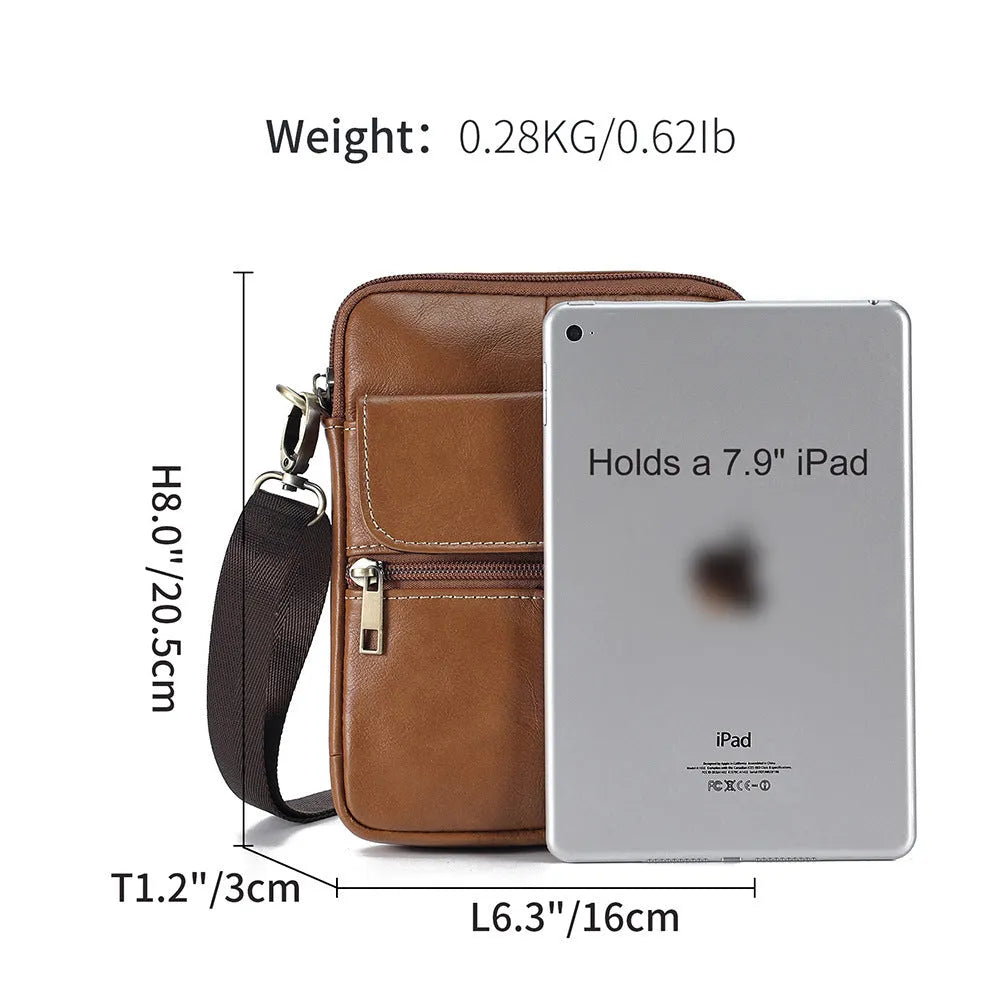 Men's brown genuine leather crossbody shoulder bag with visible stitching details