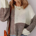 Dark khaki colour block women's loose sweater with drop shoulders and a back tie detail.