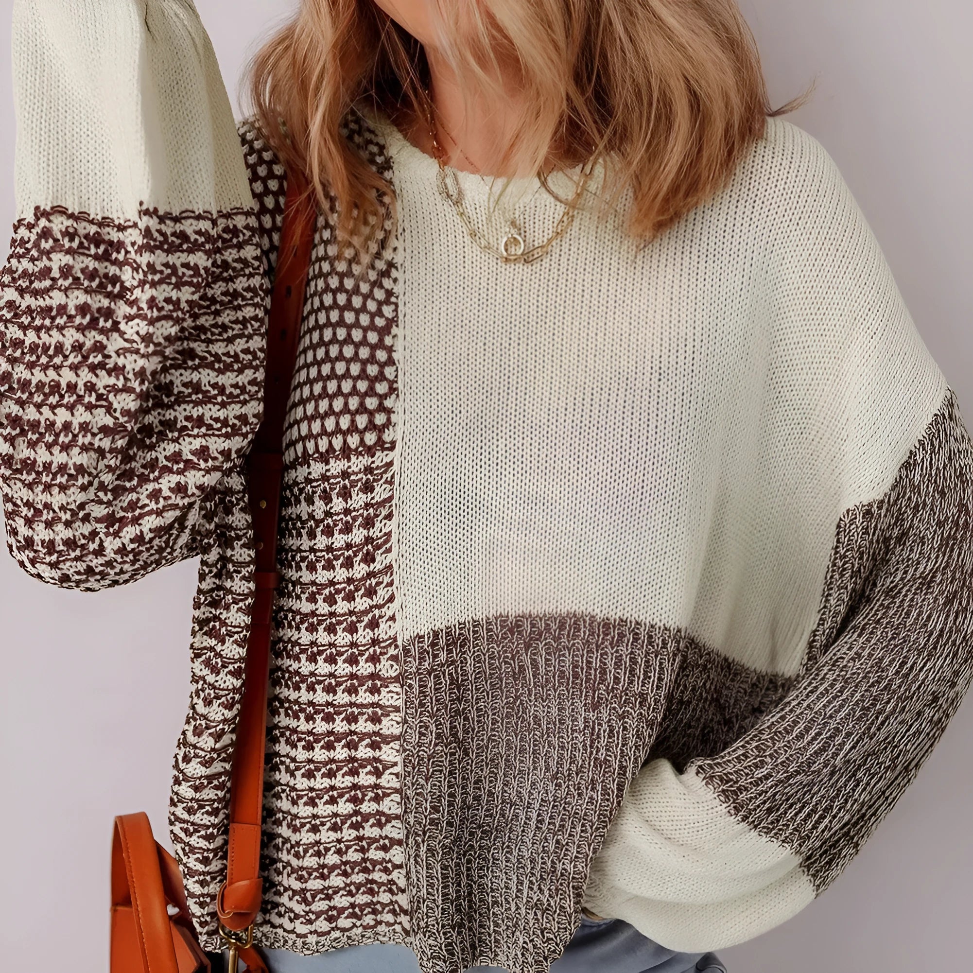 Dark khaki colour block women's loose sweater with drop shoulders and a back tie detail.