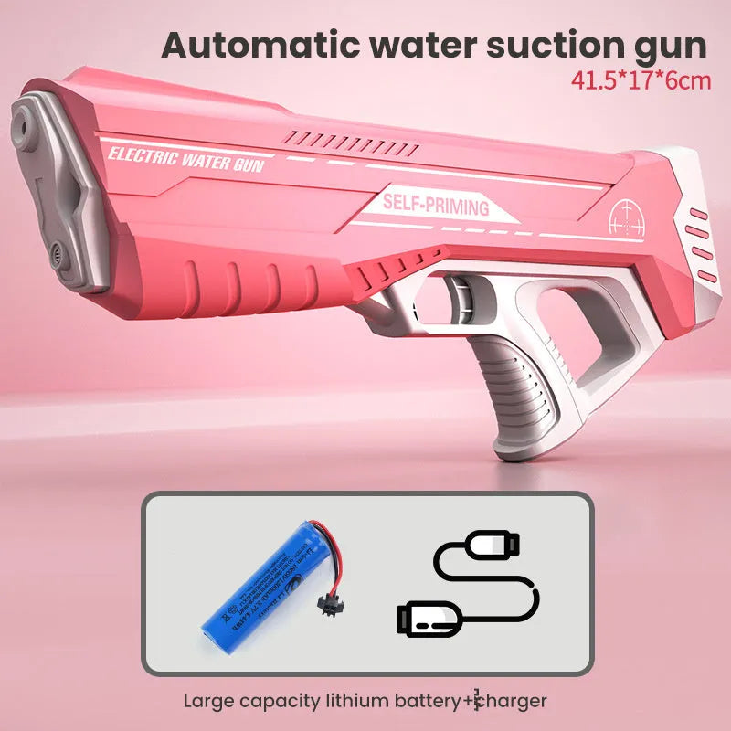 Blue electric water gun with USB charging cable and automatic straw