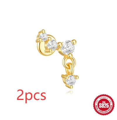 S925 sterling silver geometric moon and star earrings with cubic zirconia stones in a gold tone finish.
