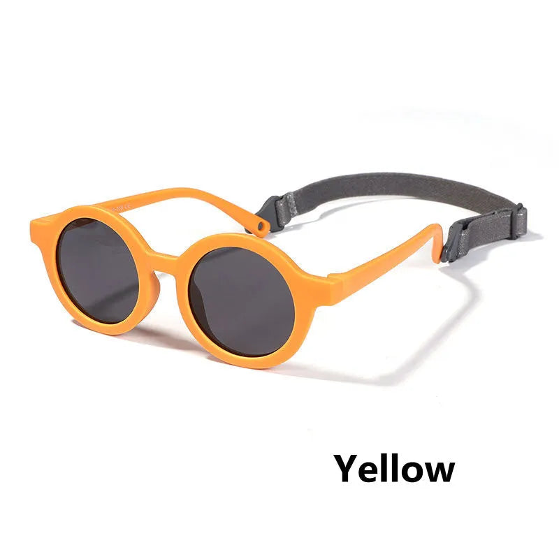 Children's silicone sunglasses with round frames for 0-3 year olds in multiple colour options showing UV400 and polarized protection